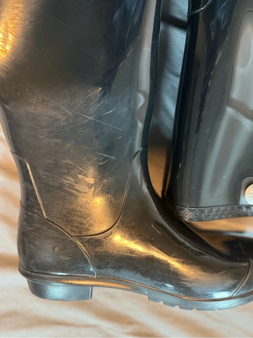 UGG Shay Glossy Black Tall Rain Boots with Logo Button